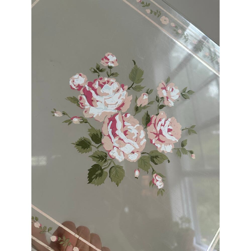 Vintage Stotter Pink floral Serving Tray Drink/Food clear plastic display15x13”